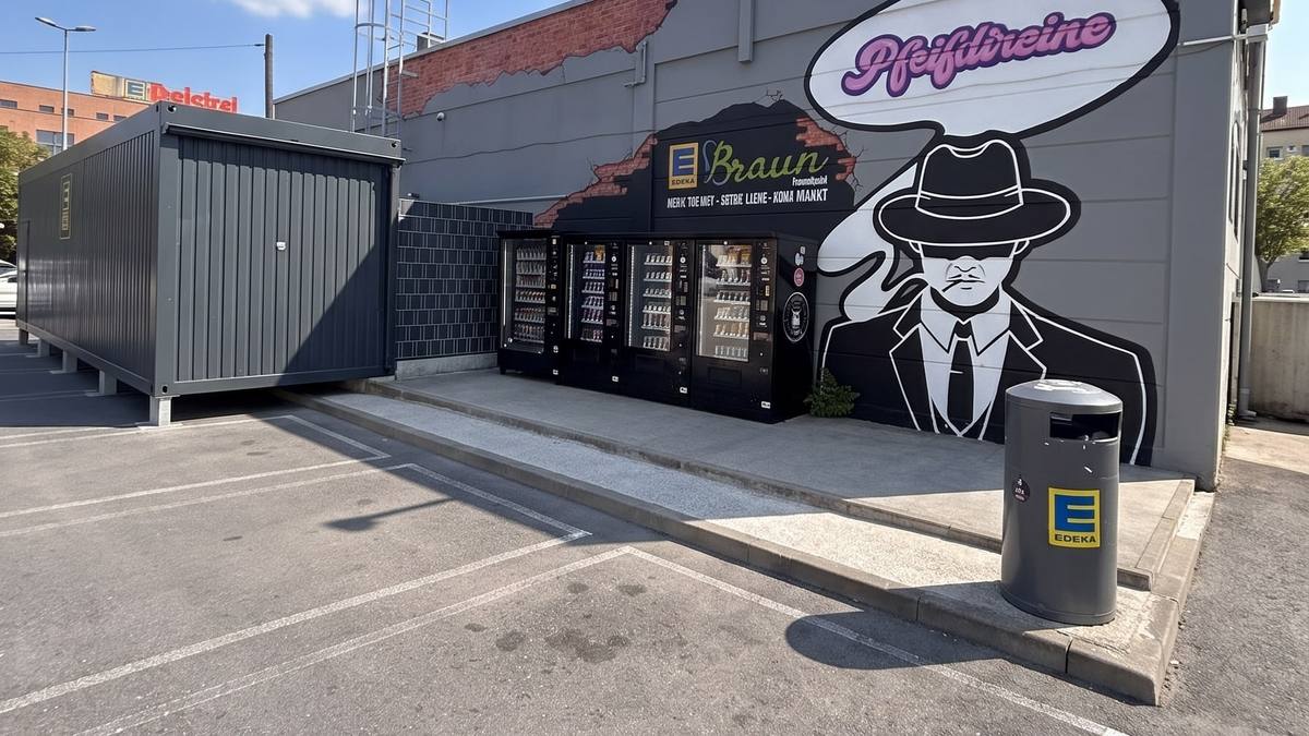 Die Warenautomaten an der Rückseite der Tankstelle: vier beleuchtete Automaten vor einer grauen Wand, daneben das Wandbild eines Mannes mit Hut und Sprechblase. (KI-modifizierte Darstellung)