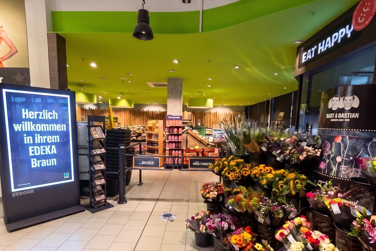 Der Eingangsbereich mit dem Blumenstand: Tulpen, Rosen und Sonnenblumen in Eimern, links der Willkommensbildschirm, darüber die grüne Decke der Markthalle. (KI-modifizierte Darstellung)