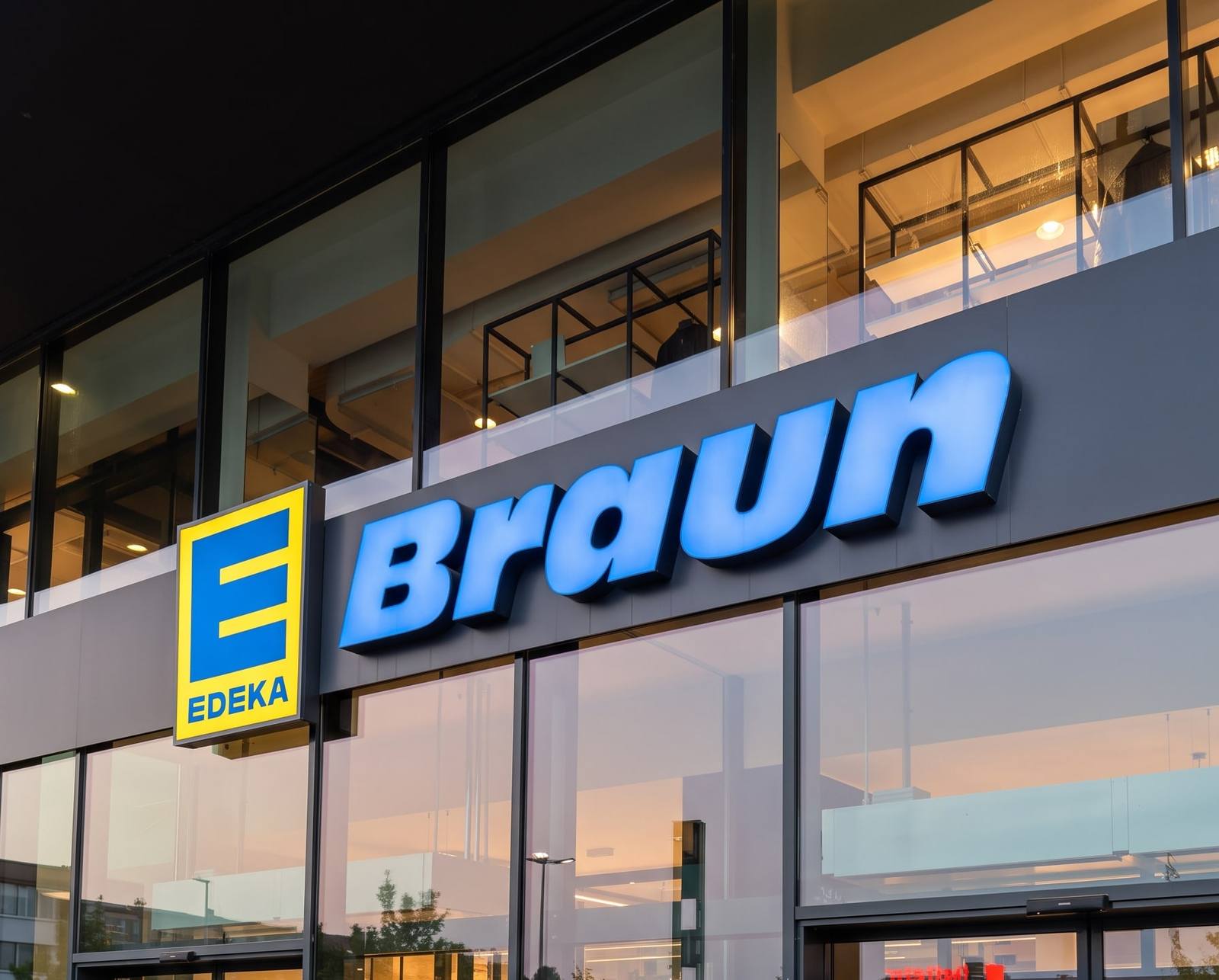 Der Markteingang am Abend: der blau leuchtende Schriftzug „Braun“ über der Glasfront, daneben das gelbe EDEKA-Schild. (KI-modifizierte Darstellung)